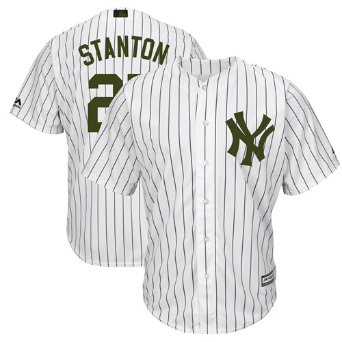 Yankees #27 Giancarlo Stanton White Strip New Cool Base 2018 Memorial Day Stitched MLB Jersey - Click Image to Close